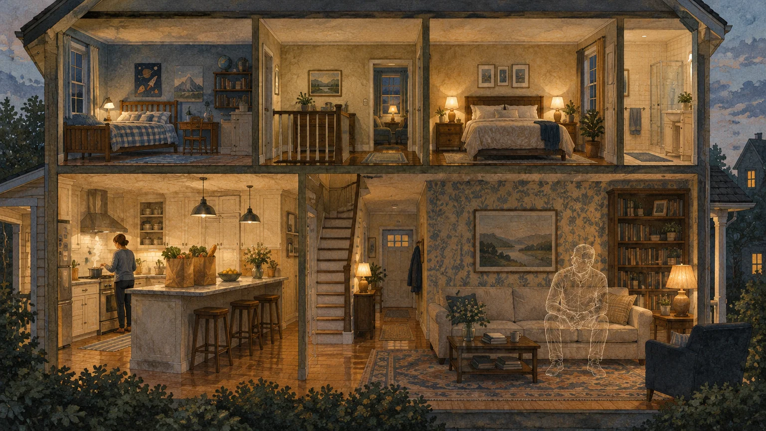 Cross-section illustration of a two-story home, showing a woman cooking and a faint, transparent figure on the sofa.
