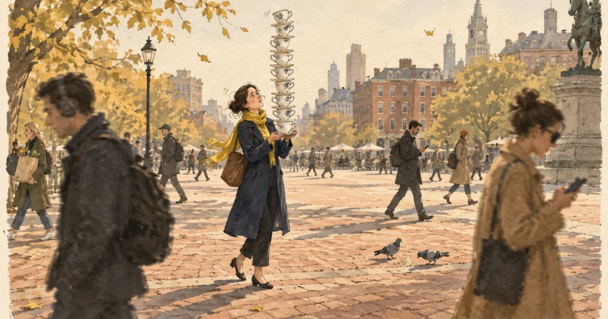 Illustration of a woman carefully balancing a tall, precarious stack of teacups while walking through a busy city square.