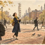 Illustration of a woman carefully balancing a tall, precarious stack of teacups while walking through a busy city square.