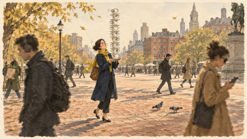 Illustration of a woman carefully balancing a tall, precarious stack of teacups while walking through a busy city square.