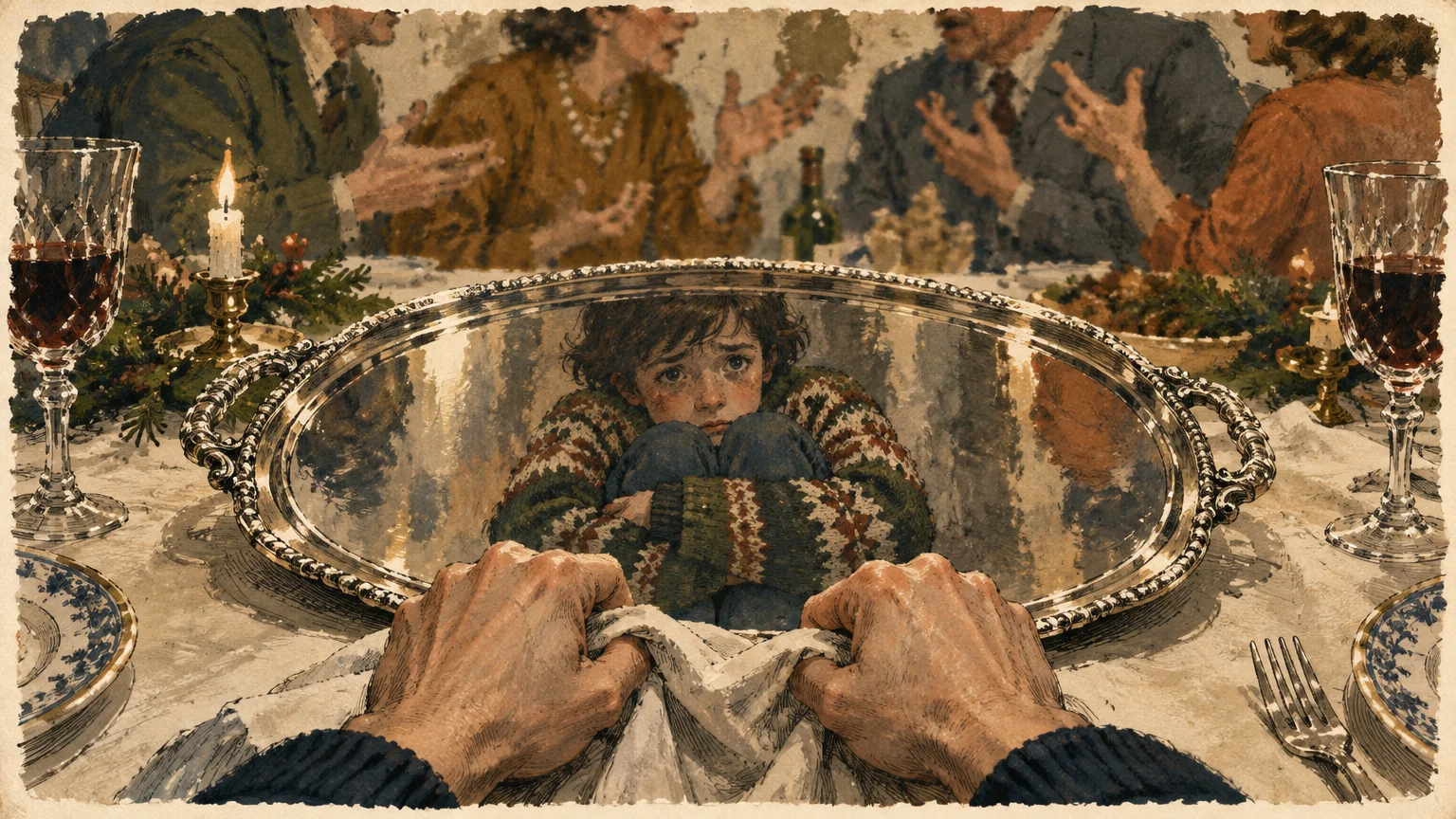 Illustration of dinner guests arguing, while a silver platter reflects a young child curled up anxiously.