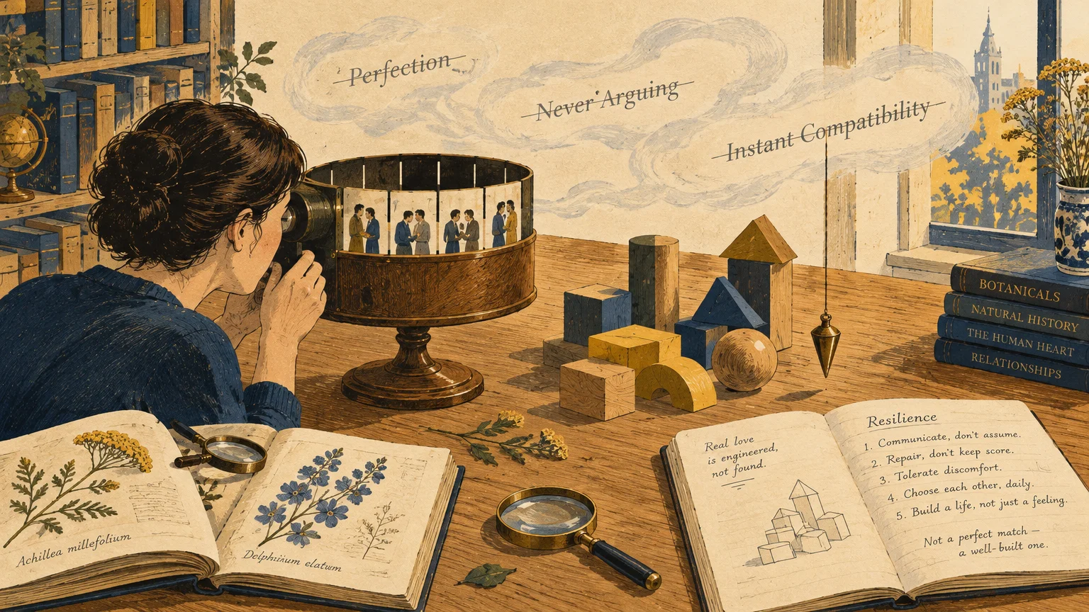 Illustration of a woman peering into a zoetrope beside open books, wooden blocks, and crossed-out myths floating in smoke.