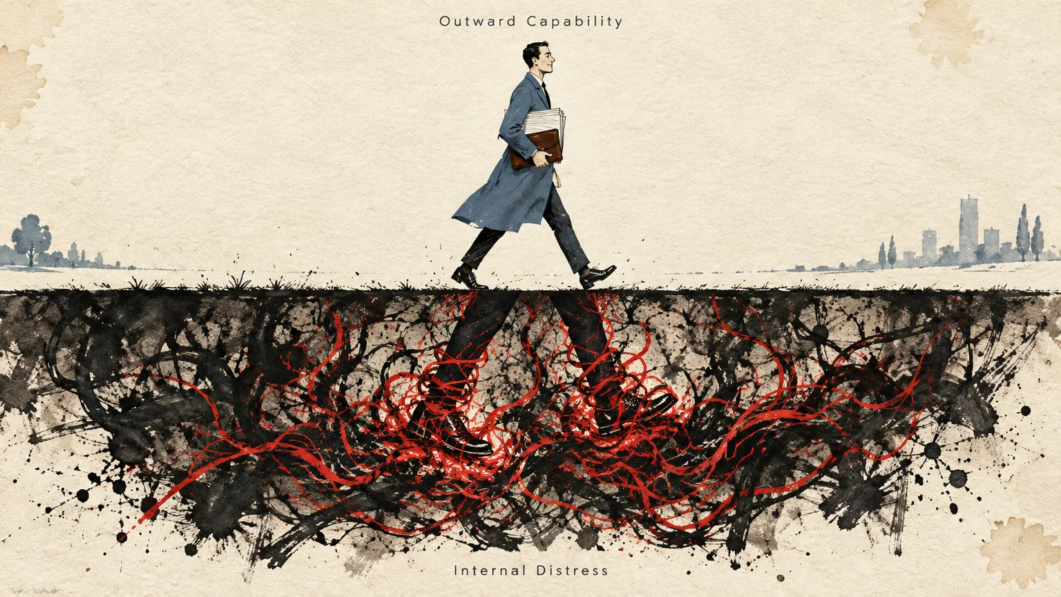 Illustration of a walking businessman above ground, while below ground his legs are tangled in chaotic black and red roots.