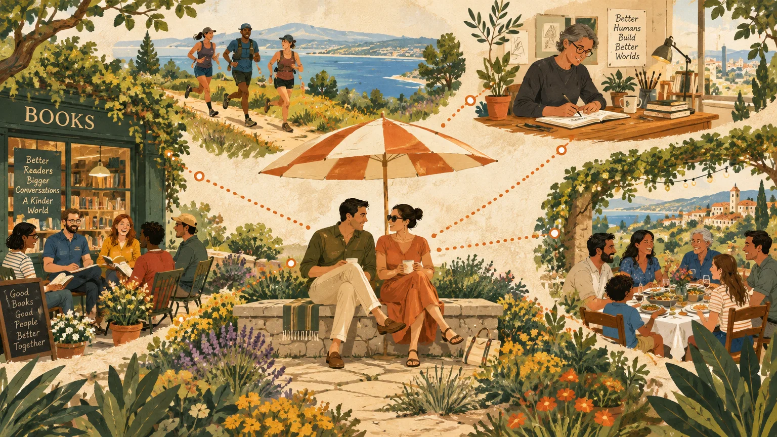 Illustration of a couple under an umbrella connected by dashed lines to diverse community activities and gatherings.