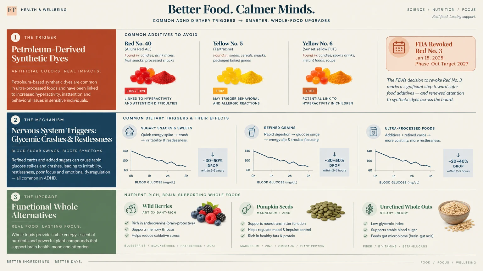 Infographic detailing ADHD dietary triggers like synthetic dyes and sugar crashes alongside functional whole food alternatives.