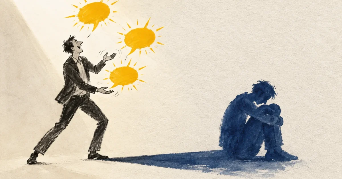 Illustration of a laughing man juggling sunny speech bubbles, while his dark shadow sits hunched over in despair.