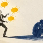 Illustration of a laughing man juggling sunny speech bubbles, while his dark shadow sits hunched over in despair.