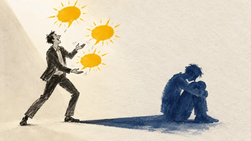 Illustration of a laughing man juggling sunny speech bubbles, while his dark shadow sits hunched over in despair.