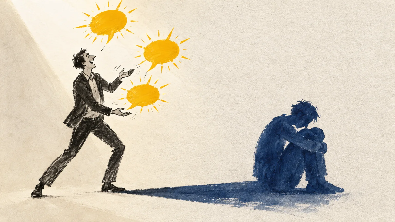 Illustration of a laughing man juggling sunny speech bubbles, while his dark shadow sits hunched over in despair.