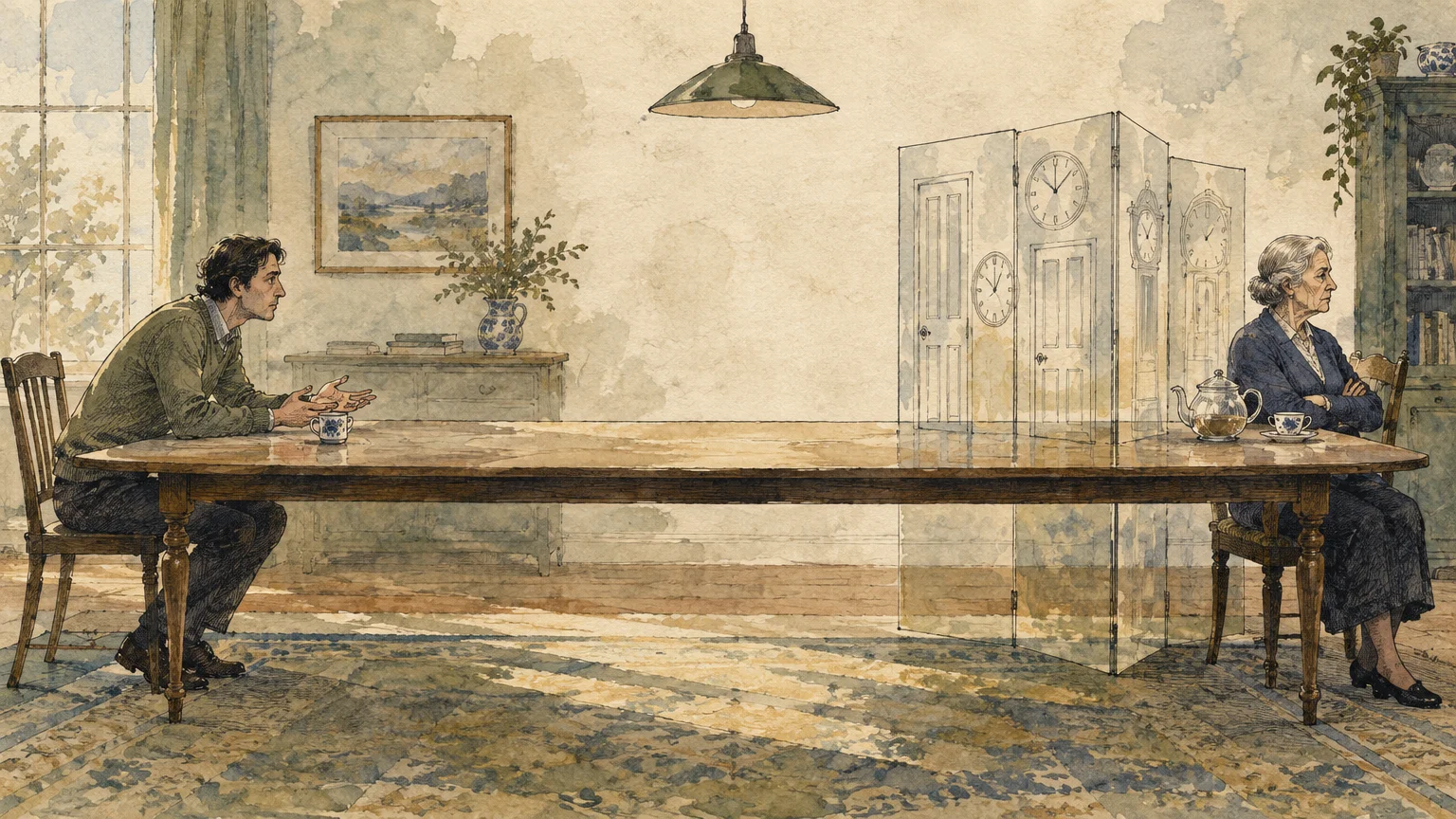 Watercolor of a man and an elderly woman seated at opposite ends of a very long wooden table divided by a folding screen.
