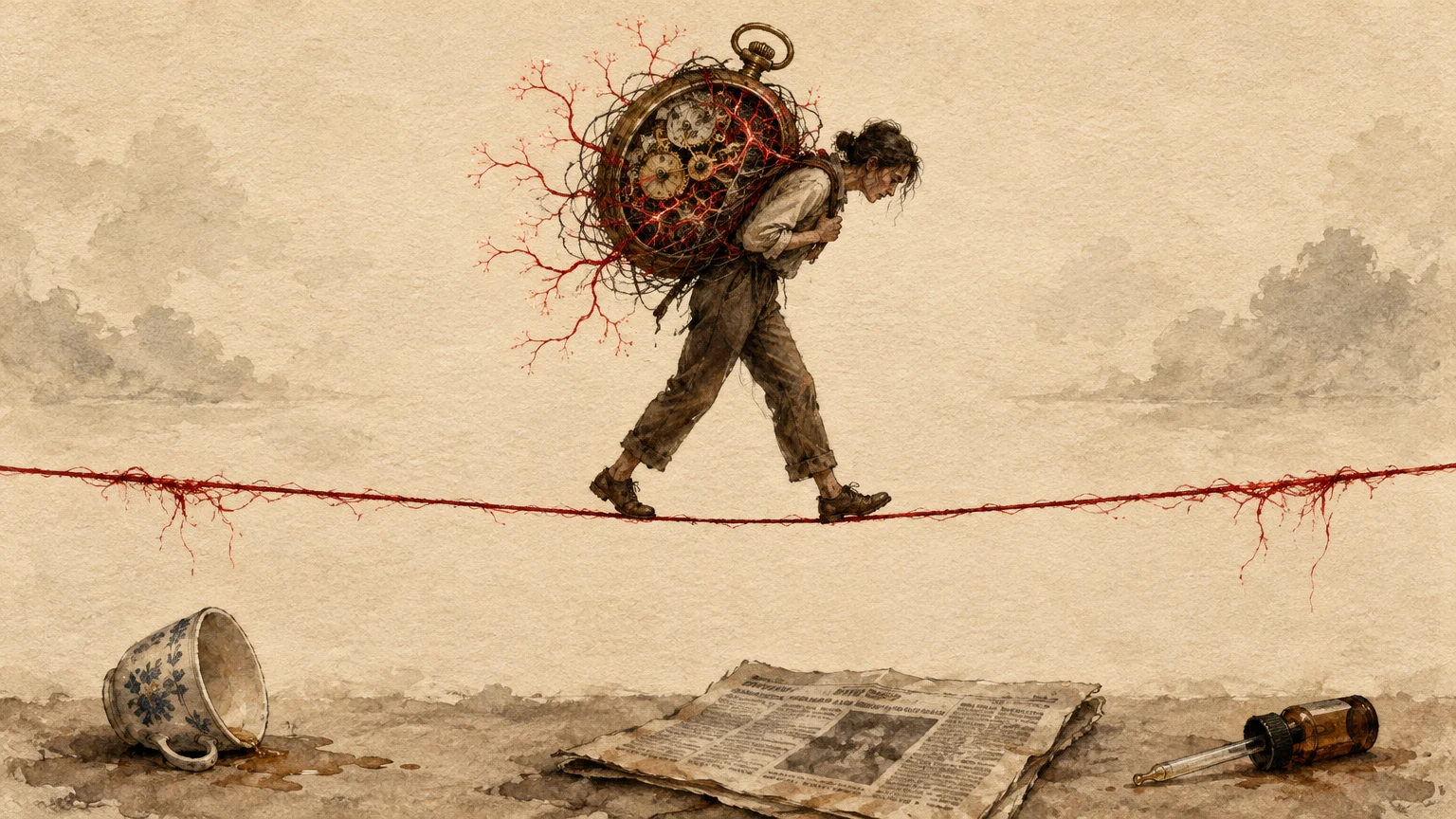 A woman walks a red tightrope carrying a large clock on her back above a teacup, newspaper, and medicine bottle.