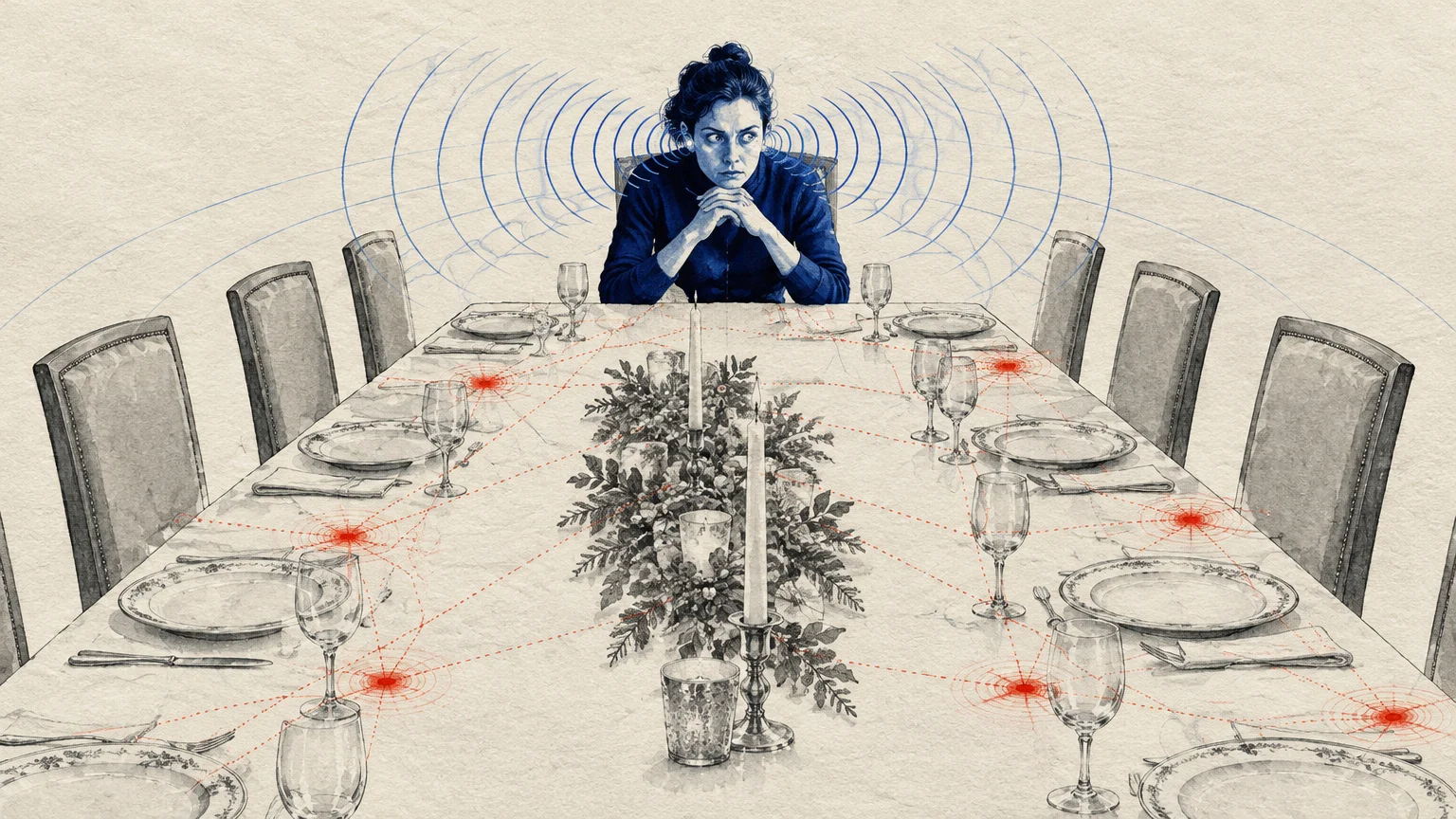 Illustration of a woman sitting alone at a long dining table with blue radar waves around her head and red targets on places.