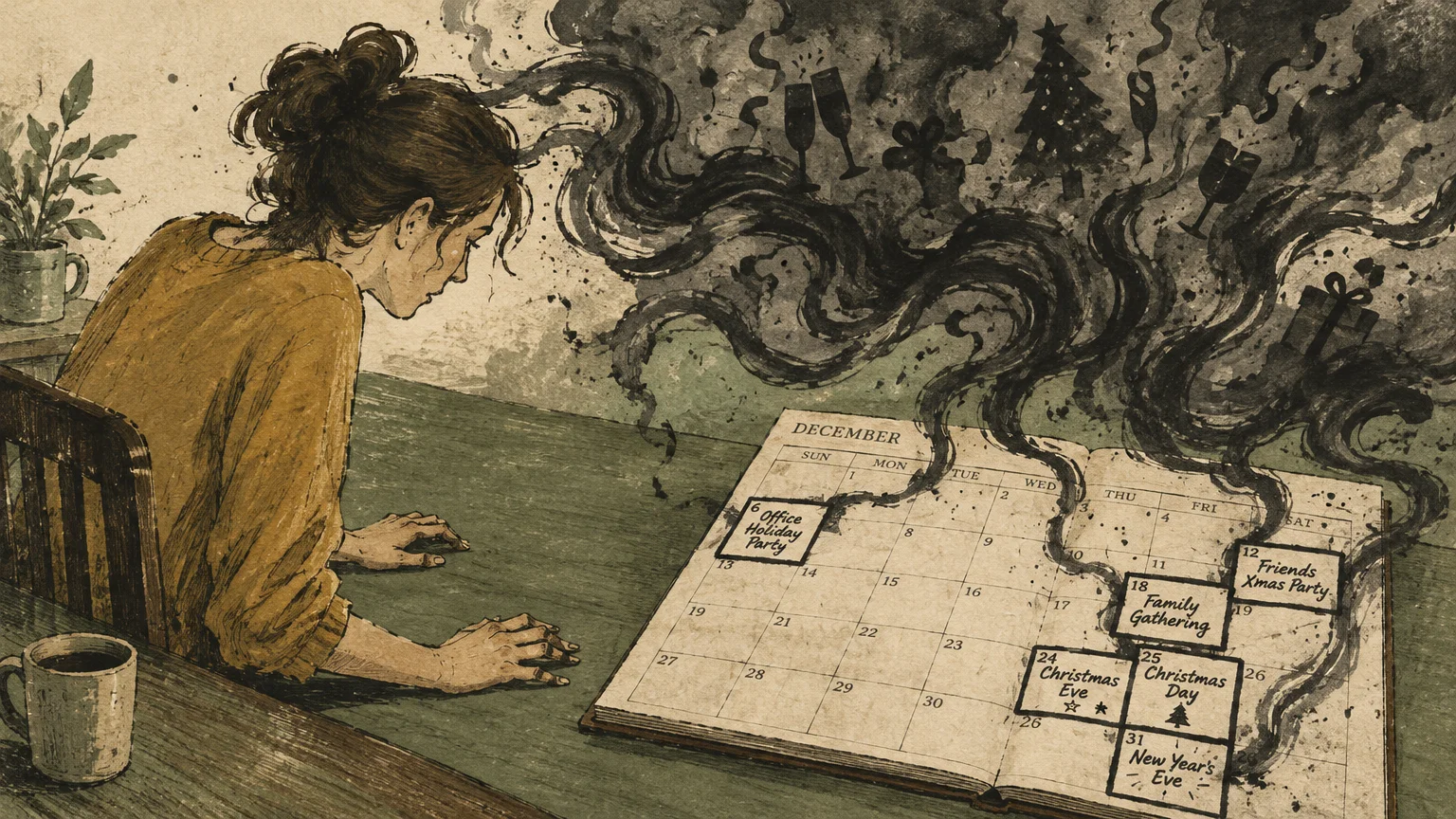 A woman looks distressed as dark smoke billows from holiday event dates on an open December planner.