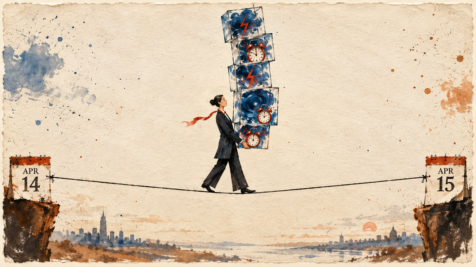 A woman in a suit balances on a tightrope between calendar dates while carrying a tall stack of boxes with clocks.