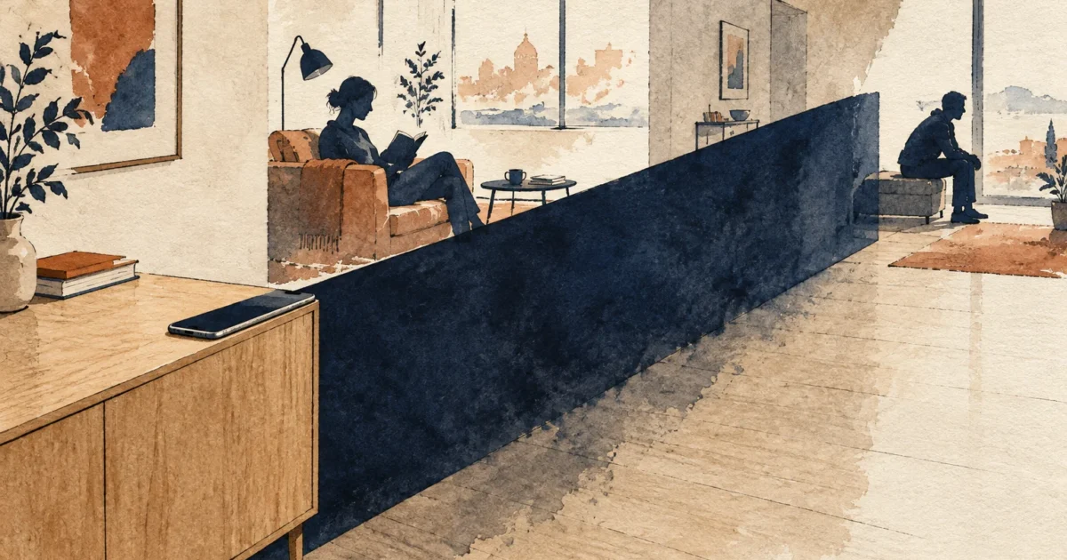 Watercolor illustration of a couple separated by a dark divider in an apartment, with a smartphone resting on a cabinet.