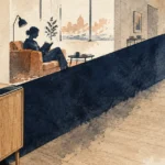 Watercolor illustration of a couple separated by a dark divider in an apartment, with a smartphone resting on a cabinet.