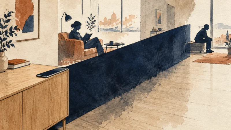Watercolor illustration of a couple separated by a dark divider in an apartment, with a smartphone resting on a cabinet.