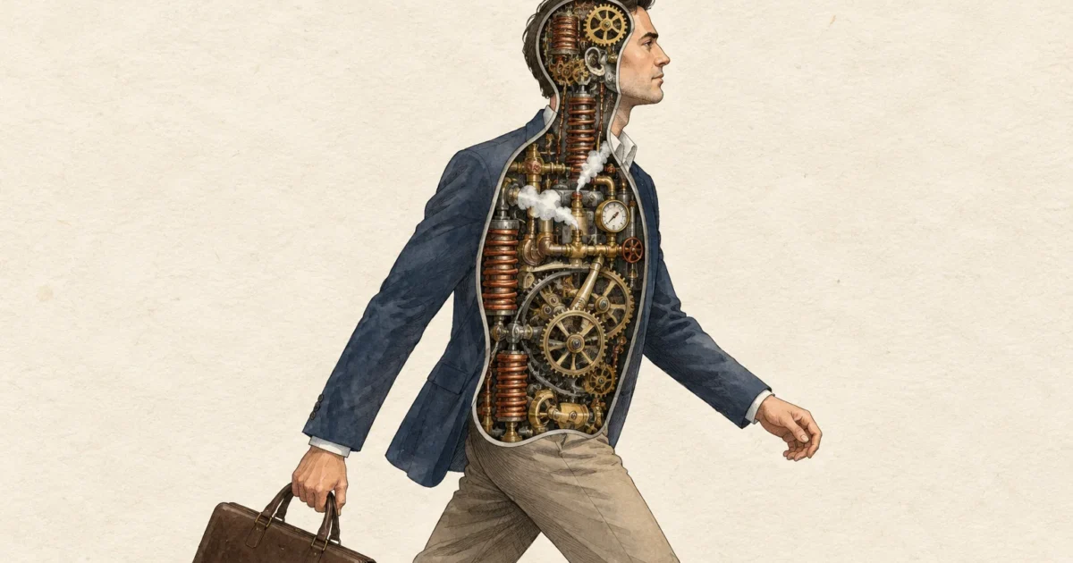 Illustration of a walking businessman with a cutaway view revealing intricate brass clockwork gears and steam inside.