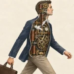 Illustration of a walking businessman with a cutaway view revealing intricate brass clockwork gears and steam inside.