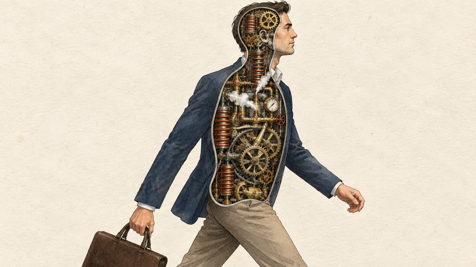Illustration of a walking businessman with a cutaway view revealing intricate brass clockwork gears and steam inside.