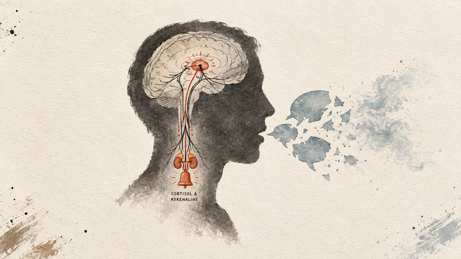Illustration of a head silhouette showing brain pathways connecting to adrenal glands beside shattered speech bubbles.