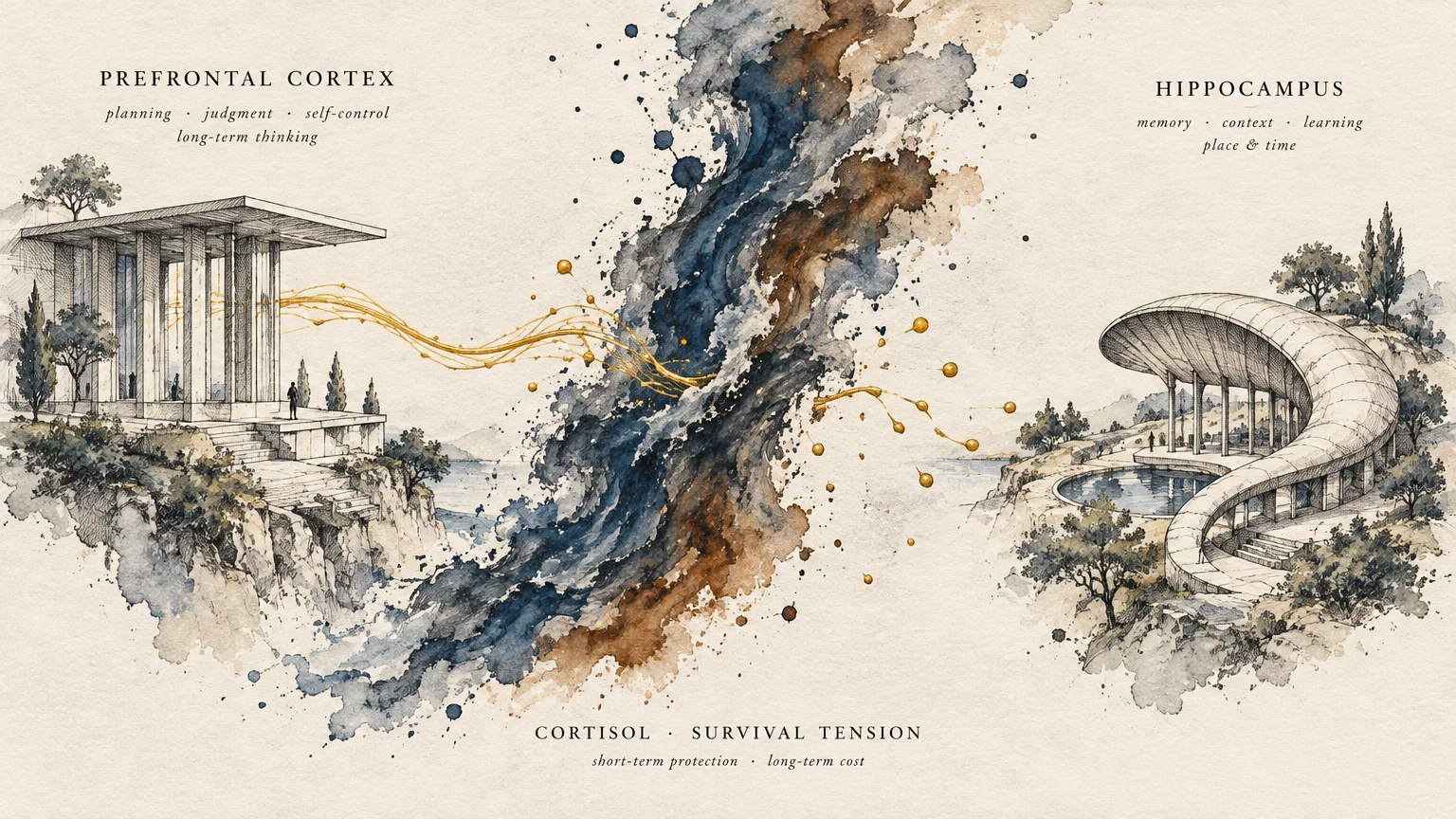 Architectural pavilions labeled Prefrontal Cortex and Hippocampus separated by dark watercolor splashes labeled Cortisol.