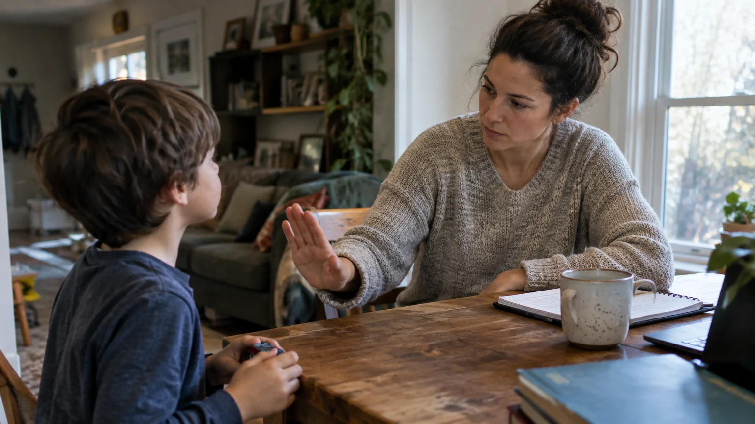 Mother sitting at a wooden table holds up her hand to set a boundary with a young boy standing beside her.