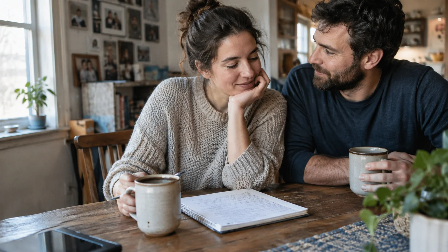 A man and woman sit together at a wooden table holding ceramic mugs while looking at an open notebook.