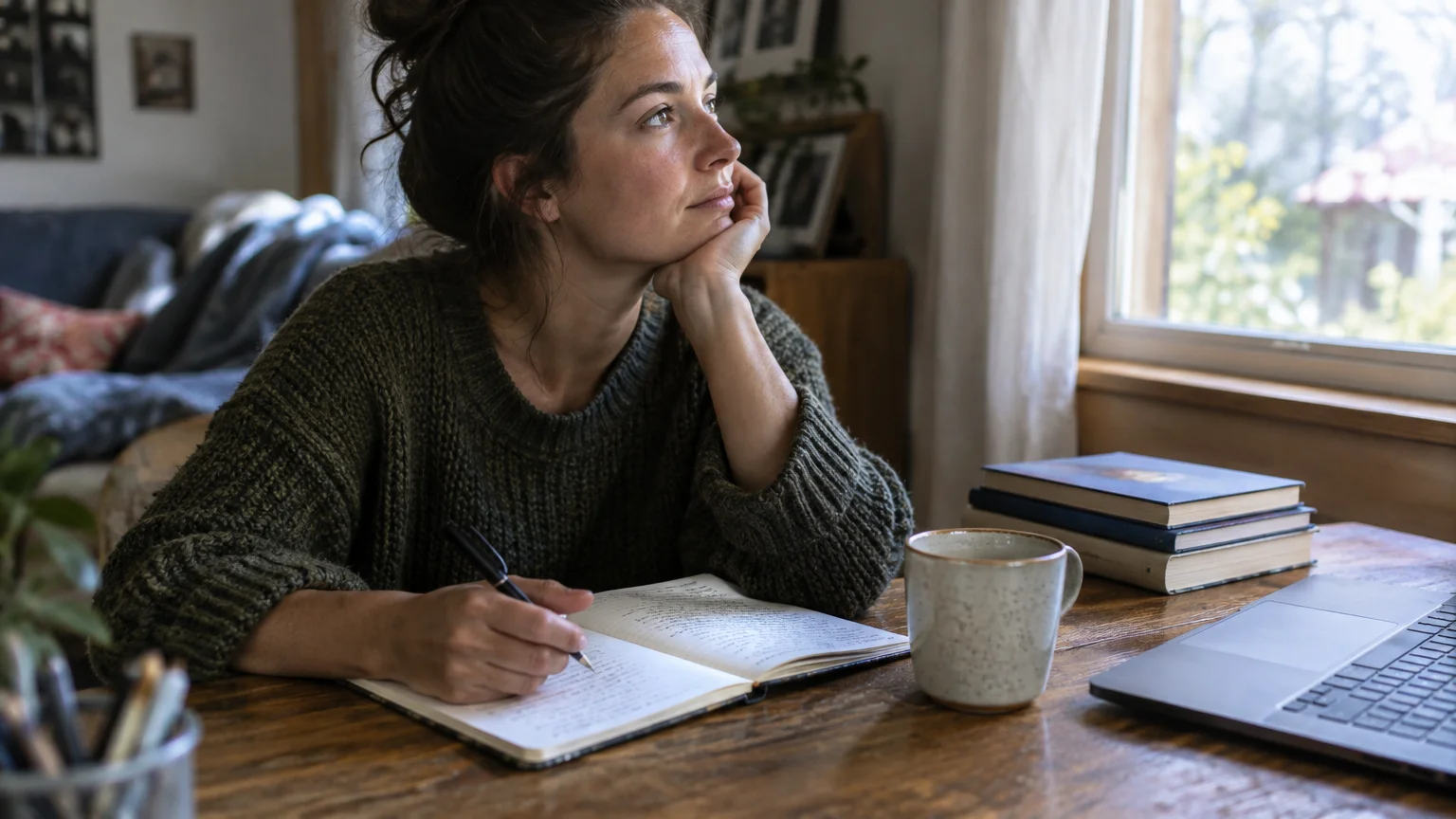 A woman sitting at a wooden desk with a notebook, pen, mug, and laptop, gazing thoughtfully out a window.