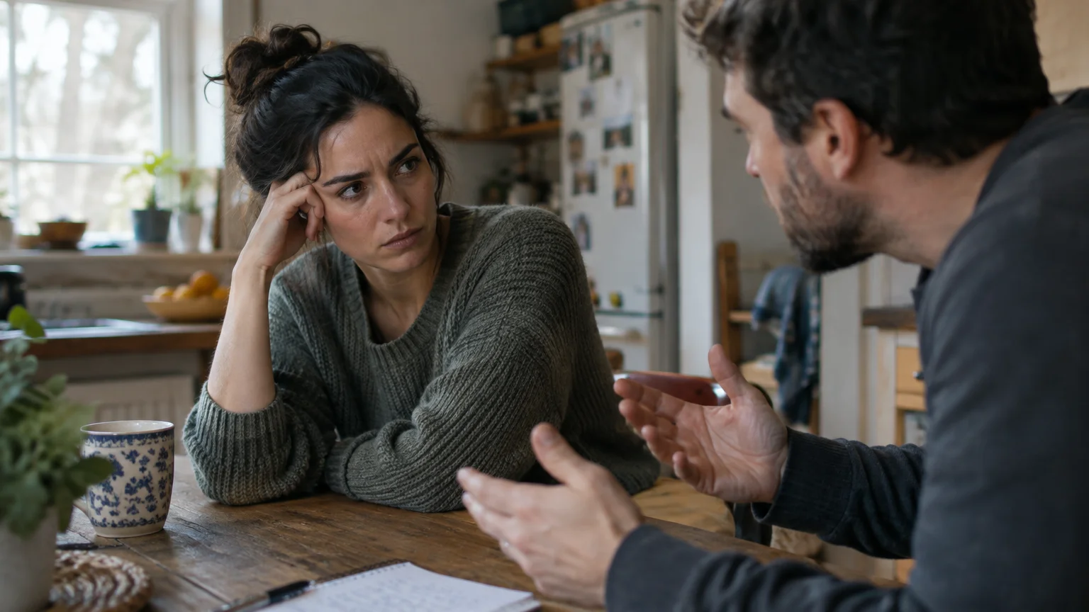 A woman rests her head on her hand with a serious expression while a man gestures with both hands across a wooden table.