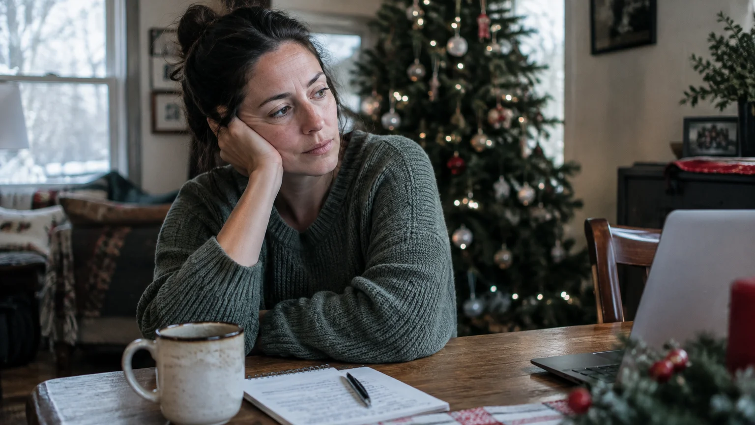 A woman rests her head in her hand looking thoughtful at a table with a laptop, notebook, and lit Christmas tree behind her.