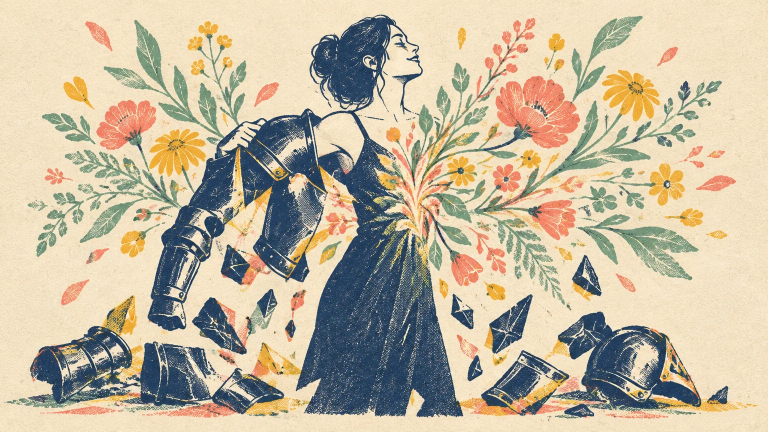 Illustration of a woman shedding heavy metal armor as vibrant flowers and leafy branches burst out from her chest.
