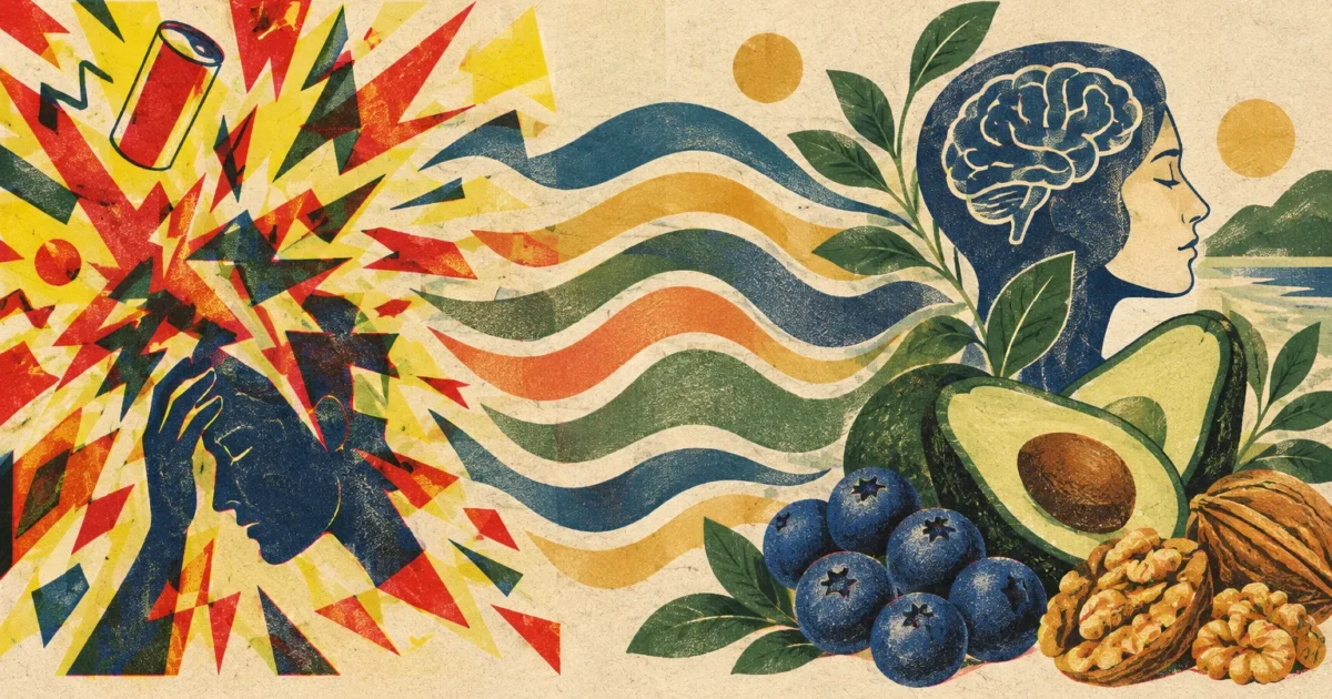 Illustration contrasting a stressed head beside a soda can with a calm profile near blueberries, avocados, and walnuts.