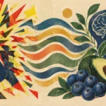 Illustration contrasting a stressed head beside a soda can with a calm profile near blueberries, avocados, and walnuts.