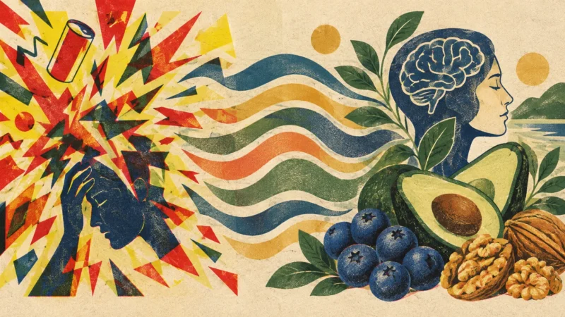 Illustration contrasting a stressed head beside a soda can with a calm profile near blueberries, avocados, and walnuts.
