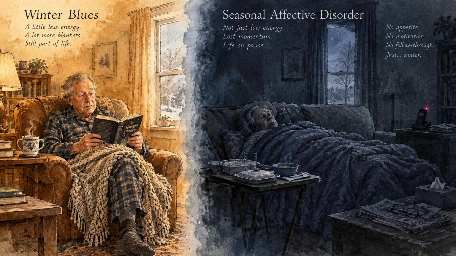 Split illustration showing an older man reading in an armchair beside a person lying under blankets in a dark room.