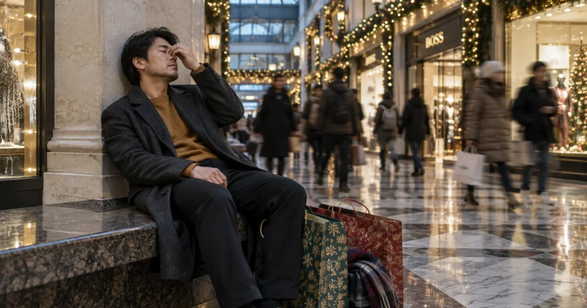 Exhausted man rubs his forehead with shopping bags beside him in a crowded, decorated holiday mall hallway.