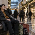Exhausted man rubs his forehead with shopping bags beside him in a crowded, decorated holiday mall hallway.