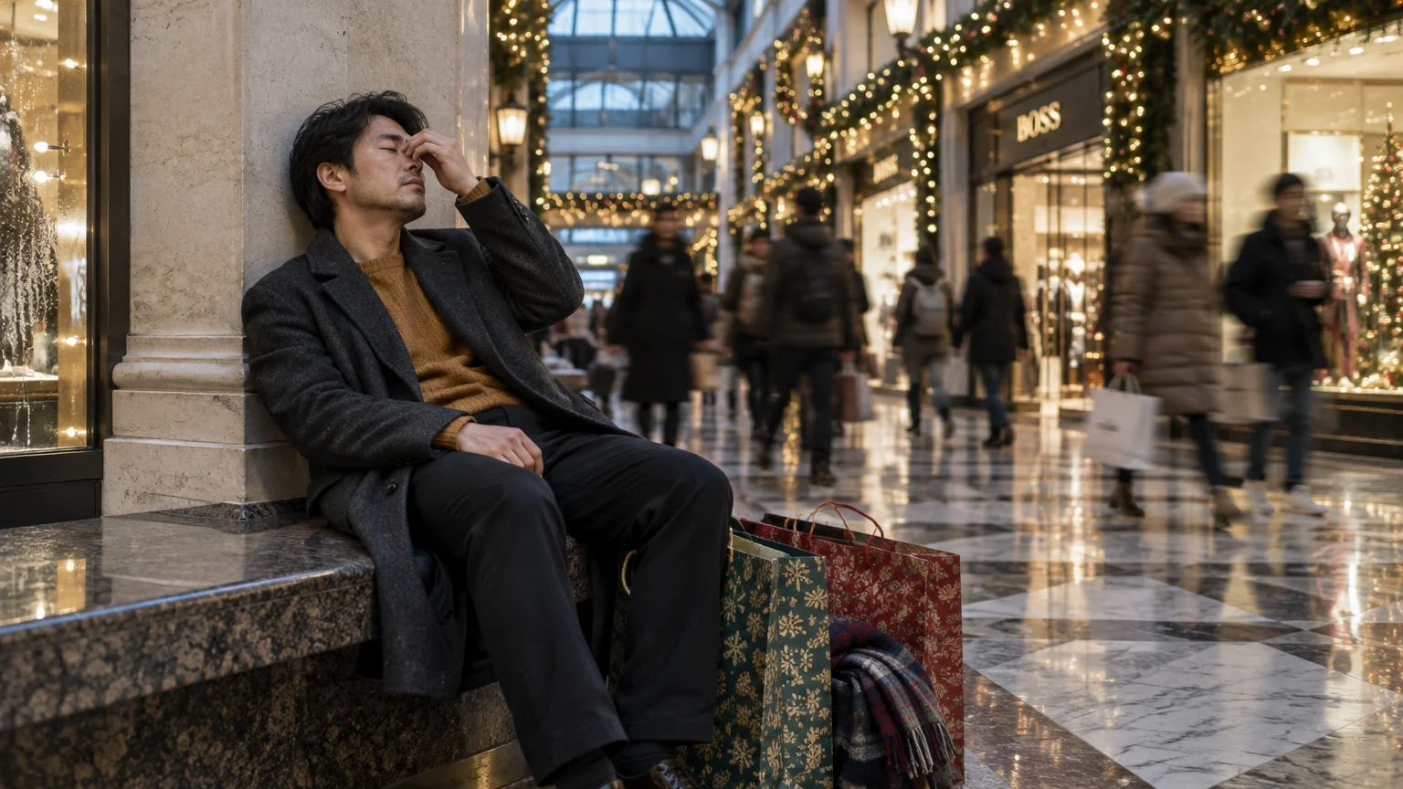 Exhausted man rubs his forehead with shopping bags beside him in a crowded, decorated holiday mall hallway.