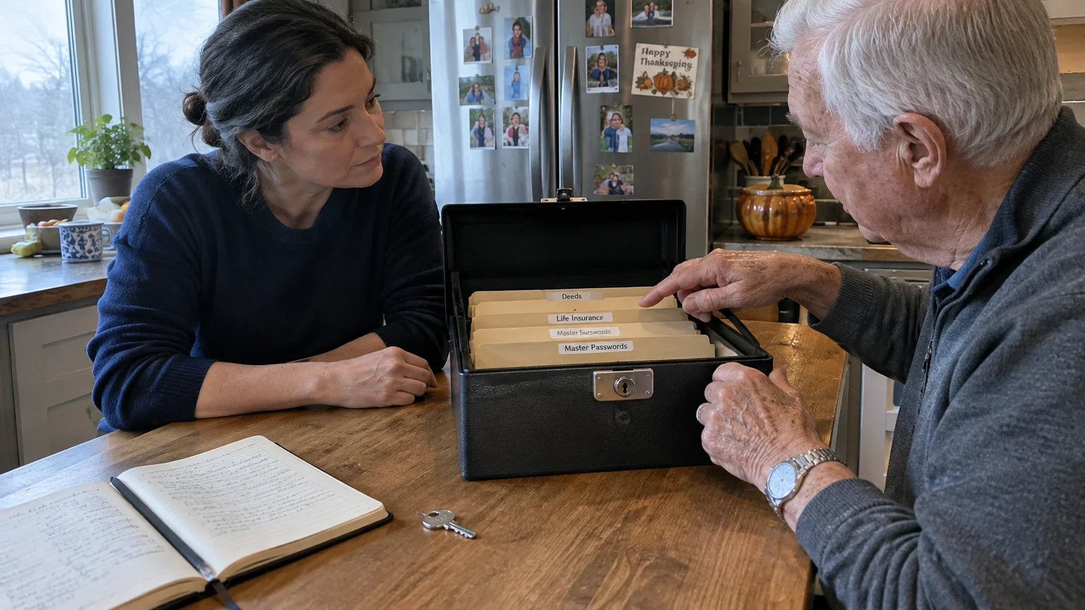 A senior man points to labeled file folders inside a lockbox while sitting at a kitchen table with an adult woman.