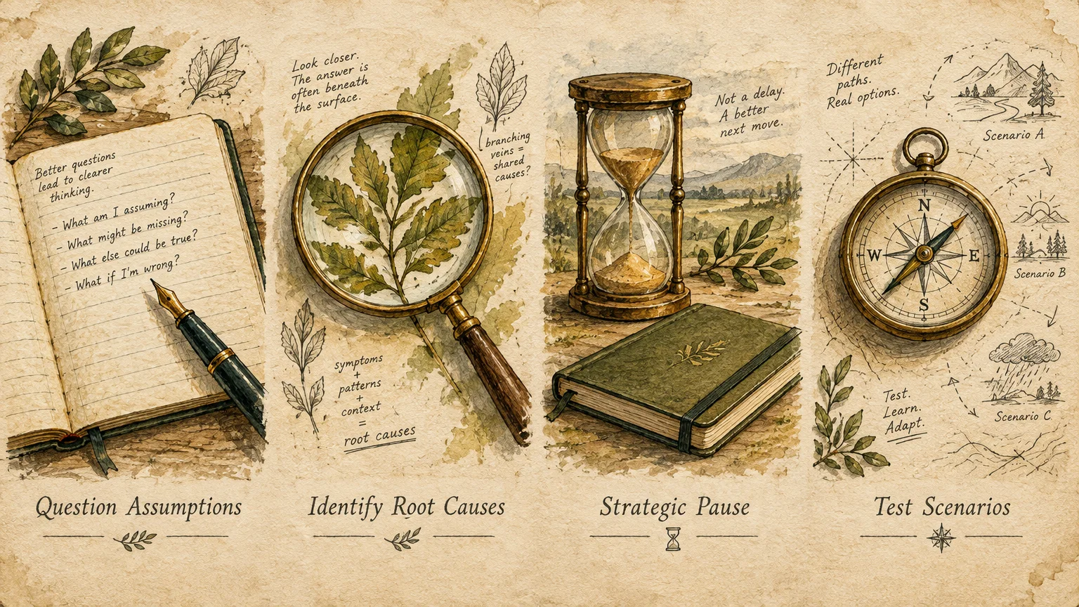 Four vintage-style illustrations showing a journal, a magnifying glass over leaves, an hourglass, and a compass.