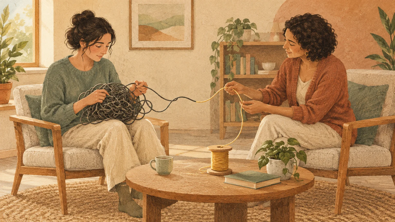 Two women sit in armchairs untangling a messy black cord into neat yellow string wound on a spool.
