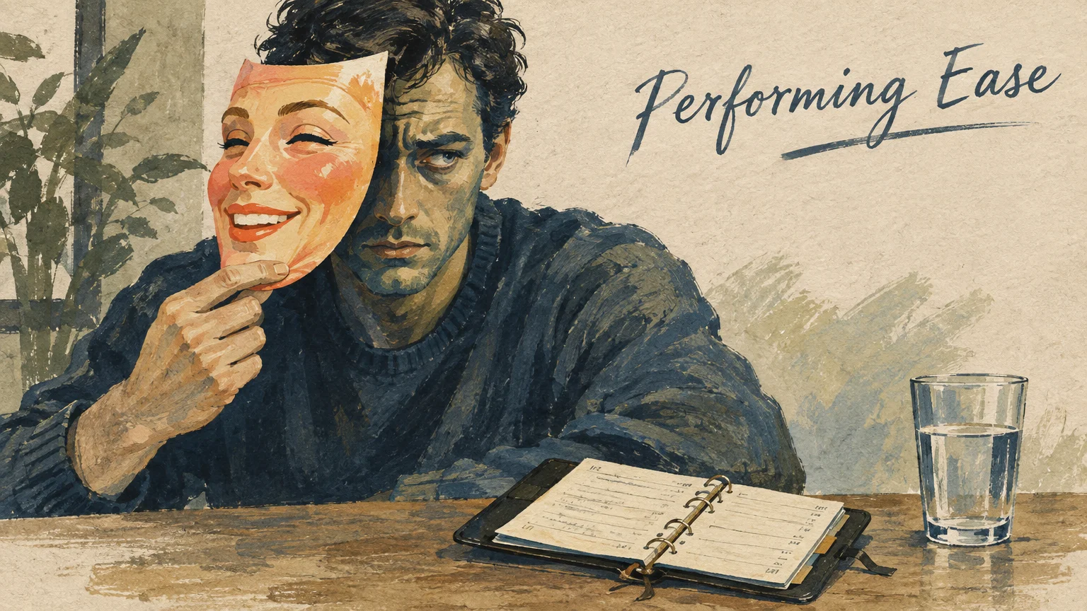 Illustration of a serious man holding a smiling mask over half his face at a table beside a planner.