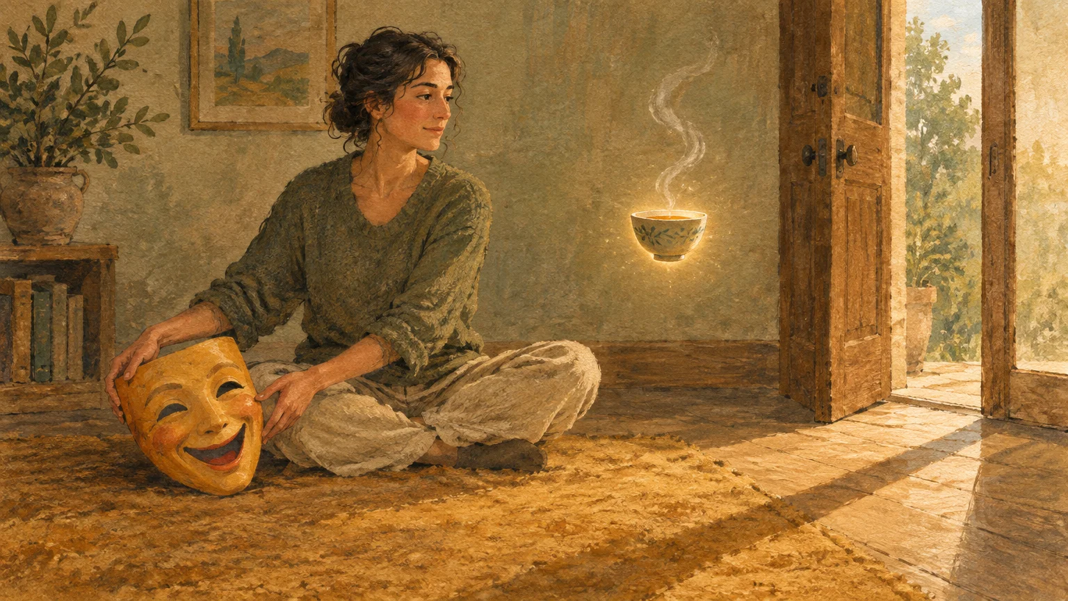 Illustration of a woman sitting on a rug holding a smiling theatrical mask, looking at a glowing, floating tea cup.