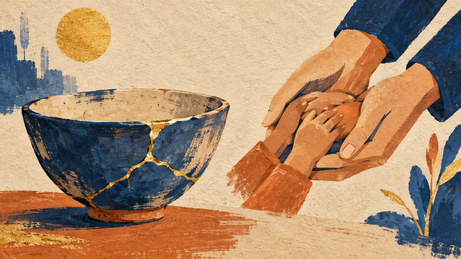Illustration of adult hands cradling a child's hands next to a blue ceramic bowl repaired with gold kintsugi seams.