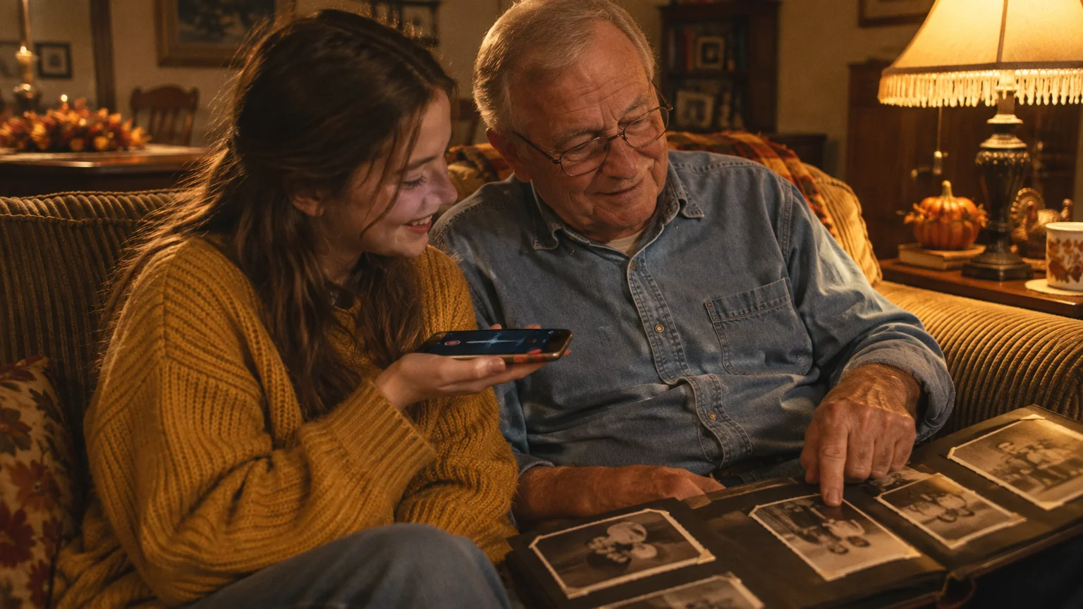 A girl holds a recording smartphone as an older man points to black-and-white photos in an open album on a couch.