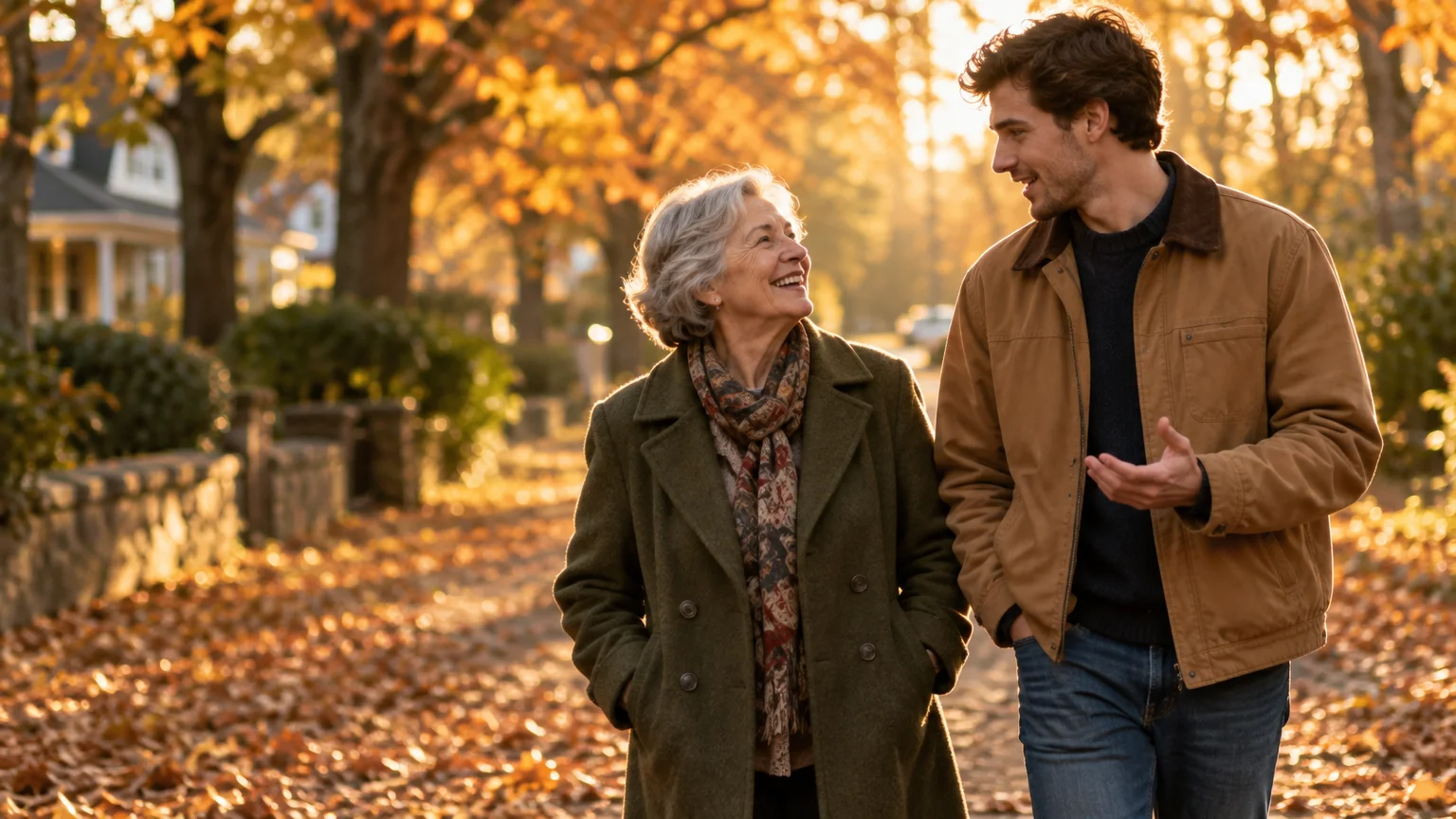 An older woman and a young adult man walk down a leaf-covered residential sidewalk together in autumn sunlight.