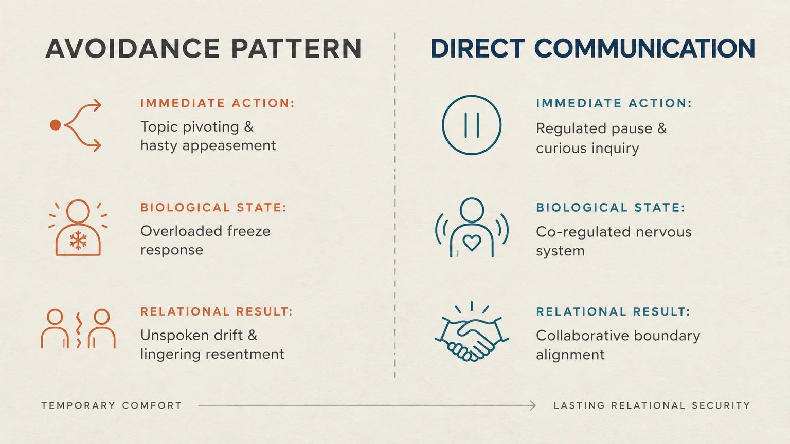 Diagram comparing avoidance patterns and direct communication across immediate actions, biological states, and results.