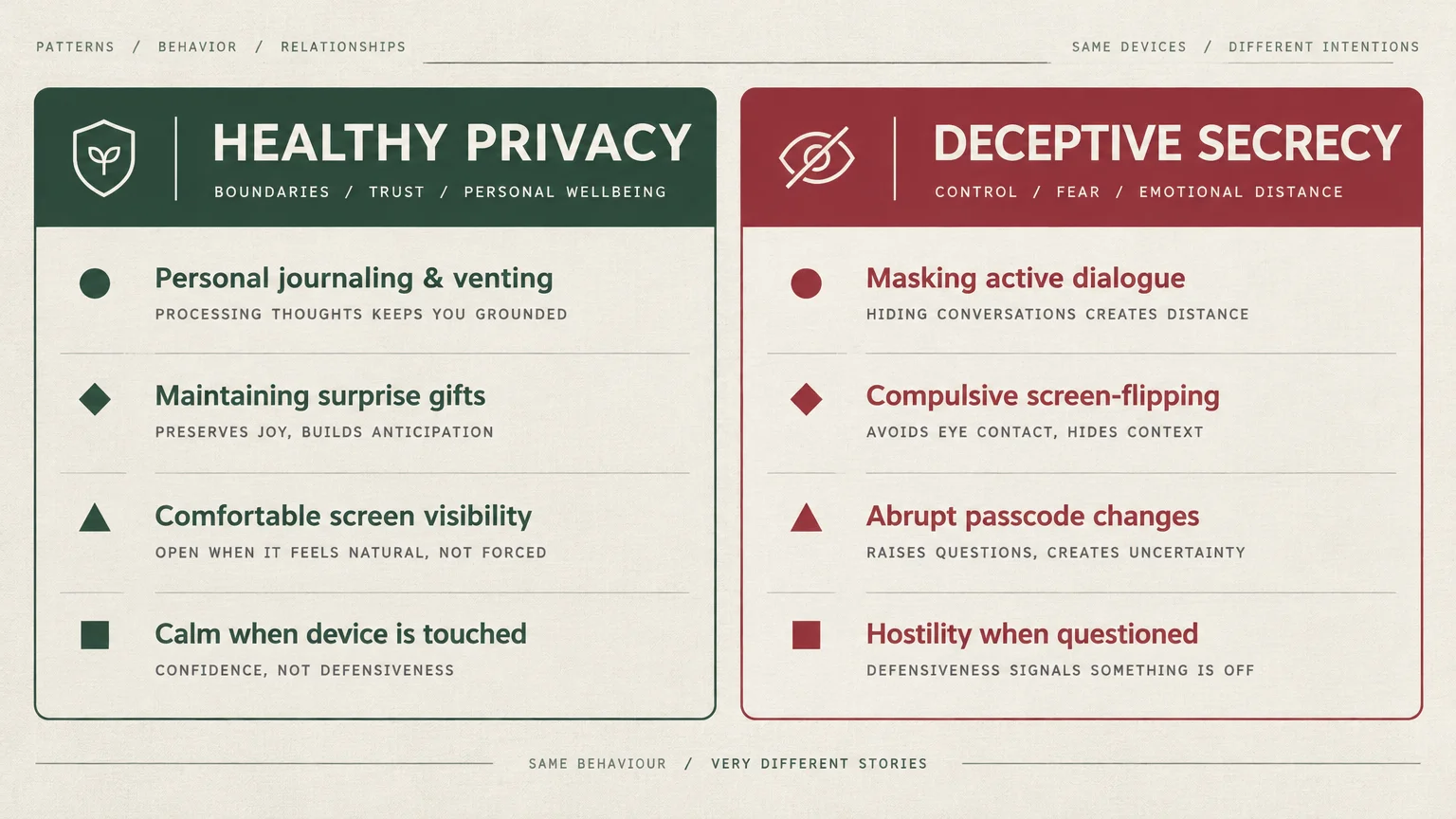 Side-by-side comparison chart contrasting traits of healthy privacy against deceptive secrecy behaviors.