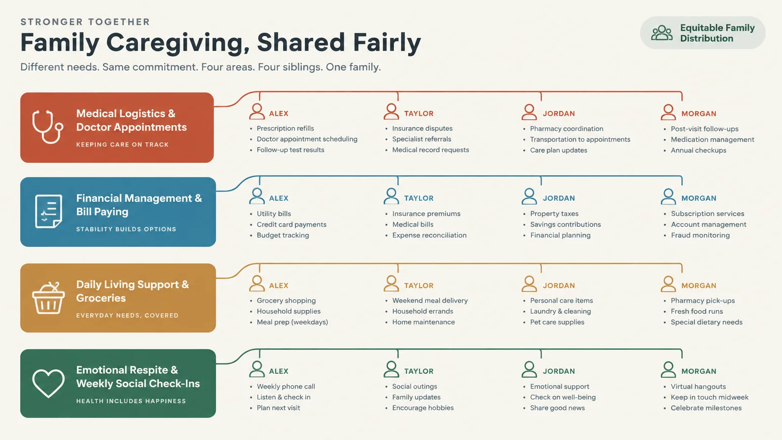 Diagram dividing caregiving tasks across medical logistics, finances, daily living, and emotional check-ins among four siblings.